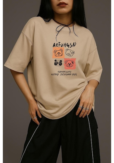 Ayıcık Baskılı Unisex Oversize Tişört Bej