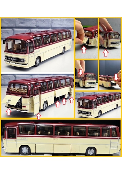 1:24 Ölçek 25 Cm Mercedes-benz O302 Sesli Işıklı Metal Model Otobüs Bordo