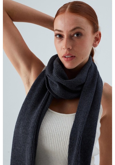 Peraluna Nomı Scarf Selanik Örgü Kaşmir Karışımlı Yumuşak Kadın Triko Atkı - Antrasit Antrasit