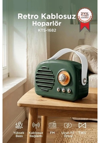Delux Serisi Torima Bluetooth Hoparlör Nostaljik Radyo Kts-1682 Yeşil Ses Hediyelik Retro