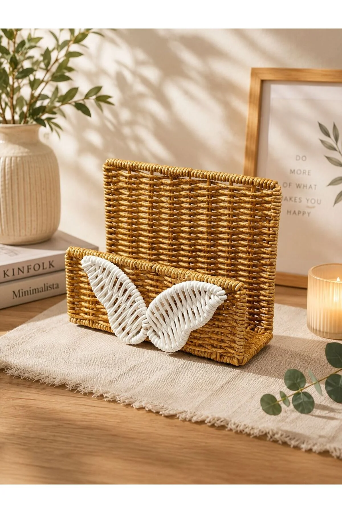 Hasır Rattan Kare Peçetelik Organizer Masaüstü Düzenleyici 15 17cm Açık Kahverengi