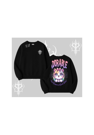 Tarzsokak Adorable Kawaii Kedi Arka Baskılı Biskilet Sweatshirt Siyah