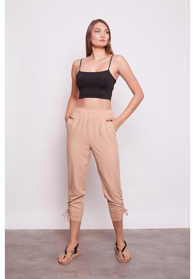 JUMENT İç Göstermez Viskon Poplin Beli Lastikli Cepli Paçası Büzgülü Rahat Pantolon -açık Camel A.camel