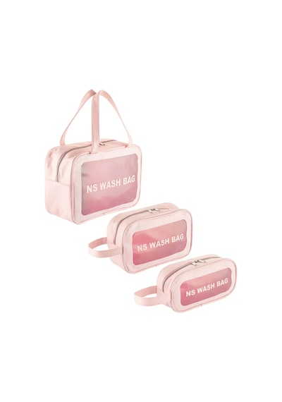 Şeffaf Seyahat Makyaj Kozmetik Çantası 3'lü Set Açık Pembe Açık Pembe