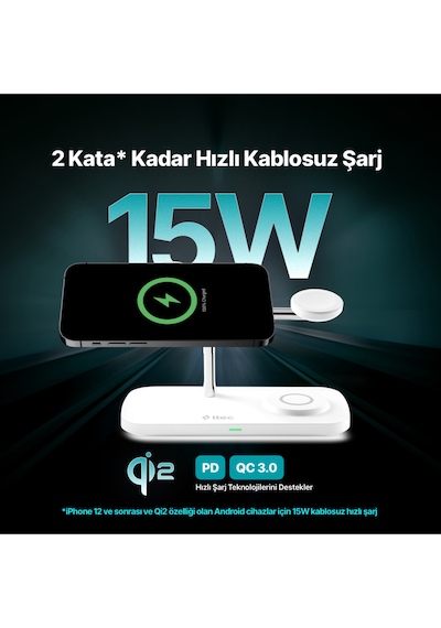 Ttec 2KS37B Aircharger Trio Pro Qi2/Magsafe Özellikli 15W Apple Uyumlu iPhone/Android Özellikli 3’Ü 1 Arada Şarj Standı
