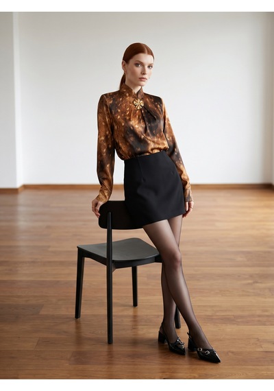 Pera Moda Gold Broşlu Zebra & Batik Desenli Bluz Kahve