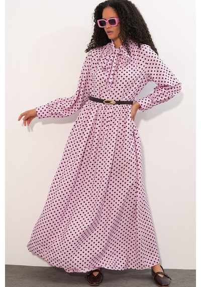 Hiccup Bdart Puantiye Desenli Maxi Gömlek Elbise Toz Pembe