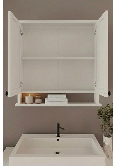 Ad-3 Raflı Banyo Dolabı, 2 Kapaklı Lavabo Üstü Aynalı Banyo Dolabı - Beyaz Çok Renkli