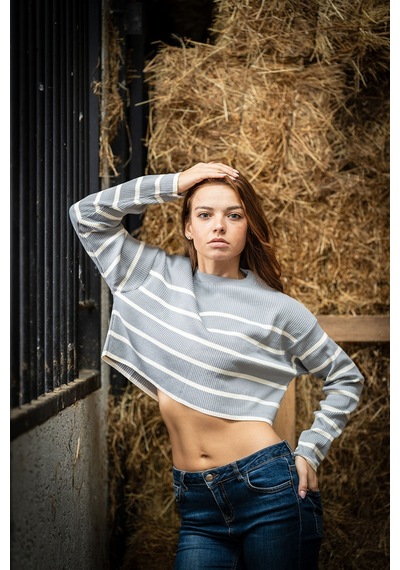 Verdeblanco Çizgili Uzun Kollu Crop Kazak Gri Gri