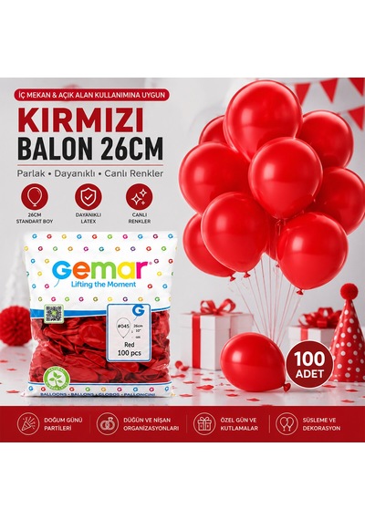 İç Mekan - Kırmızı Balon 10 Inc - 26cm - 100pcs Çok Renkli