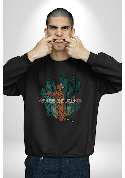 Kaktüs Çita Unisex Siyah Baskılı Sweatshirt Siyah