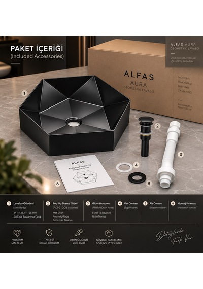 Alfas Aura Geometrik 44 Cm Pvd Mat Siyah Tezgah Üstü Çanak Lavabo Pvd 304 Paslanmaz Çelik