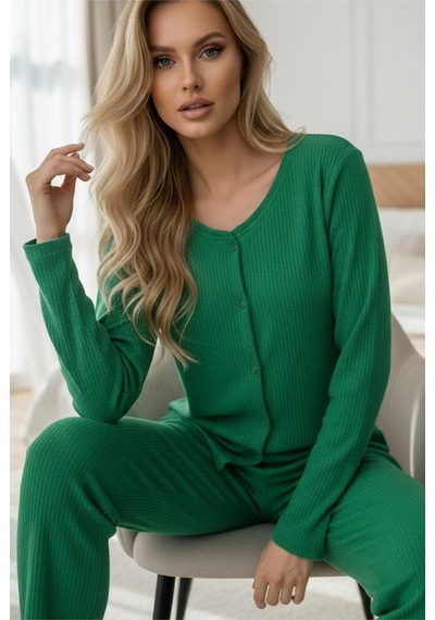 Siyah İnci Fırçalı Yumuşak Dokulu Fitilli Kaşkorse Örme Düğmeli Hırka Pijama Takım Yeşil