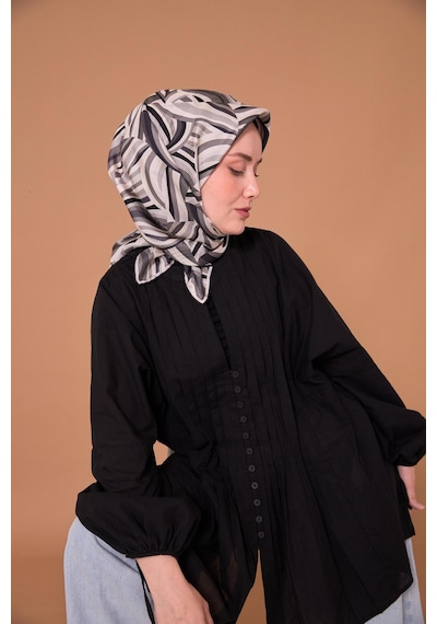 Twill İpek Eşarp 11471-17 Siyah, Beyaz, Gri, Antrasit