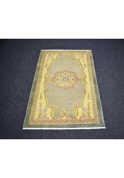 Zehra Abla Halı Vintage El Dokuma Enfes Eskitme Sarı Kula İzmir Yün Halı 7451 Çok Renkli