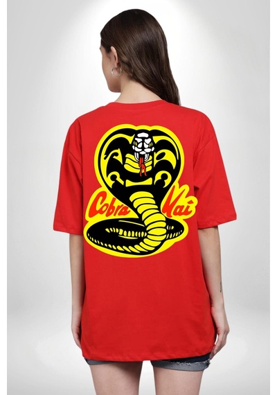Cobra Kai Karete Çocuk Yılan Logo Dizi Kırmızı Oversize Unisex Ön Ve Sırt Baskılı Tişört Kırmızı