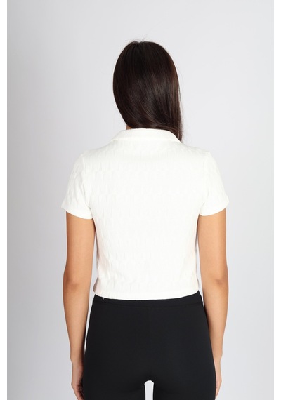 Soft&Basic Polo Yaka Raporlu Jakar Crop Fit T-shirt Ekru