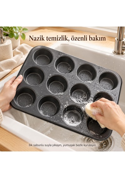 12 Gözlü Muffin Cupcake Kek Kalıbı, Karbon Çelik Çift Kat Yapışmaz Kaplamalı Fırın Tepsisi, Brownie, Kurabiye Diğer