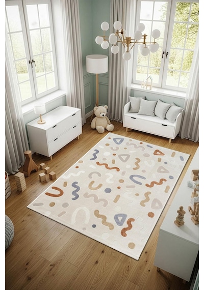 Cotto Kids Ck004r Krem Halı Renkli Şekil Desenli Kaymaz Taban Yumuşak Yıkanabilir Çocuk Odası Halısı