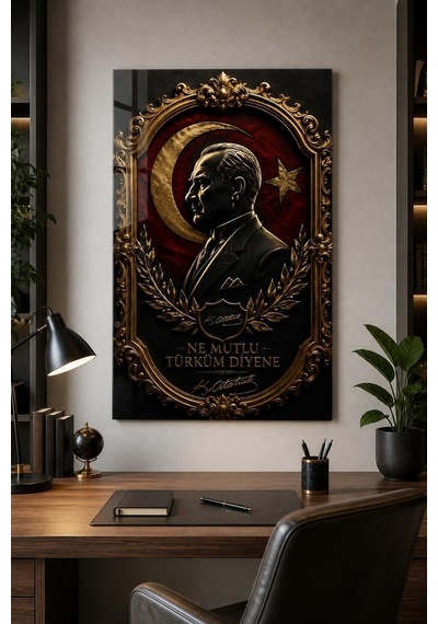 Atatürk Temalı Baskılı Cam Tablo Premium 3d Efektli Dekoratif Duvar Tablosu