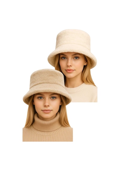 Uniquetrenders Kadın Ayarlanabilir Peluş Bucket Kova Şapka 2'li Set Ekru - Bej