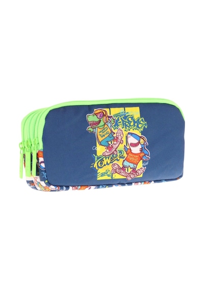 Kaukko Kids Lacivert Yeşil, Dinazor Temalı, Erkek Çocuk Üç Bölmeli Okul Kalem Çantası - L8256 Lacivert - Yeşil