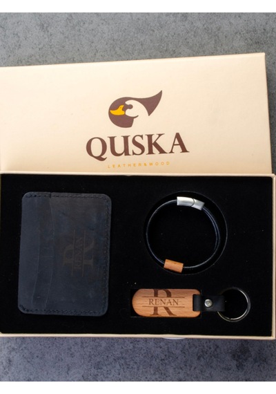 Quska Kişiye Özel İsimli El Yapımı Hakiki Deri Siyah Kartlık+anahtarlık+bileklik Set - Grain Minimal Siyah