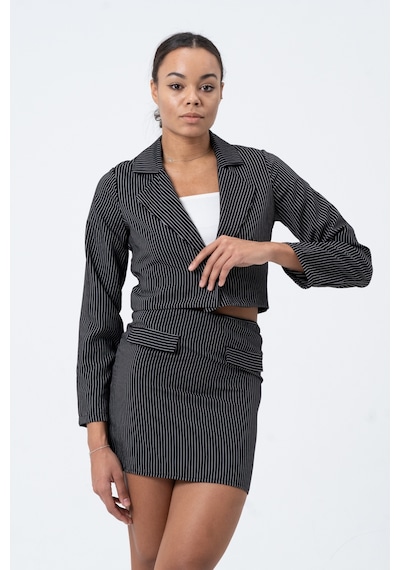 Mois Atelier Crop Ceket Etek Siyah Çizgili Takım,Tasarım,Hediye,Büyük Beden Siyah