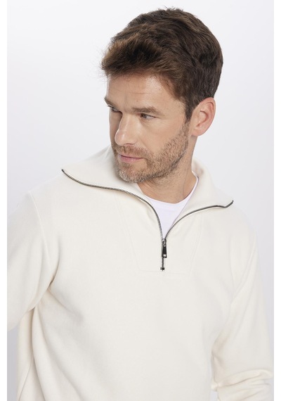 Tudors Unisex Relax Fit Rahat Kesim Fitilli Desenli Pamuklu Yarım Fermuarlı Ekru Dik Yaka Sweatshirt-31988 Ekru