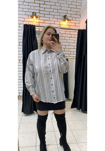 Tuba Toptaş Çizgili Poplin Gömlek Gri