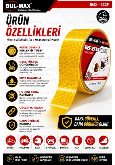 Sarı Reflektif Bant 3,5 Cm X 1.5 Metre Kendinden Yapışkanlı Gece Görünürlük Güvenlik Bandı Bisiklet