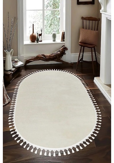Valeryhome Vl Comfort Düz Saçaklı Peluş Düz Yolluk Ekru Oval Ekru Ponpon