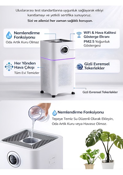 3in1 810m³ Hacim Hava Temizleme Nemlendirme Uv Sterilizasyon Makinesi - Sessiz Beyaz