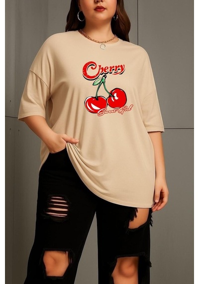 Büyük Beden Cherry Kiraz Baskılı Unisex Tişört Bej