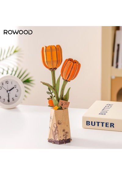 Rowood Tw081 Lale Çiçeği Orange Tulip Dıy Minyatür Maket Model Seti Ahşap 3d Wooden Puzzle 3d Model Kit Ahşap Maket Dekoratif Hobi Seti