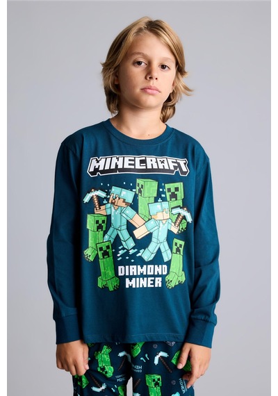 Defacto Minecraft Diamond Miner Baskılı Uzun Kollu Üst Lastikli Paça Alt 2li Pijama Takımı Erkek Çocuk H6701a826augn614 Yeşil-gn614