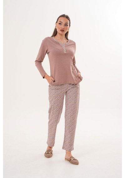 Çift Kaplan Kadın Pamuk Minimal Desen Açık Yaka Patlı Toprak Pijama Takımı 7033 Haki