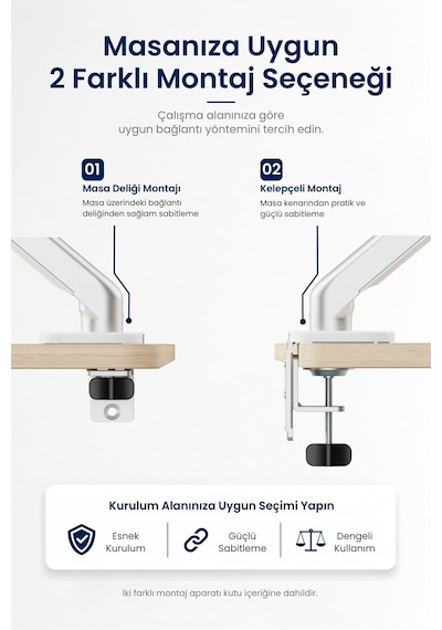 17-34" Lynx Series Gaz Pistonlu Monitör Kolu 10 Kg Kaldırma Vesa Uyumlu Stand Silver
