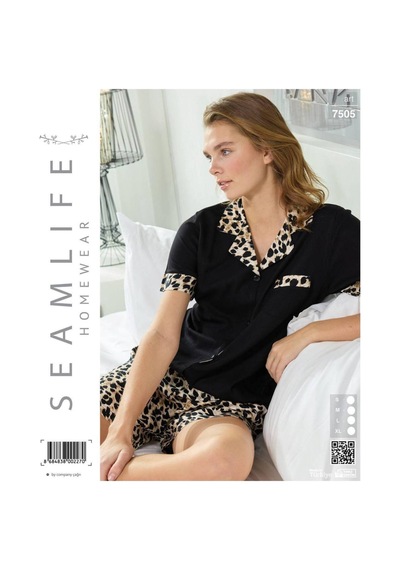 Seamlife Kadın Leopar Şortlu Kısa Kol Gömlek Dokuma Pijama Ev Takım Sıyah/m Siyah