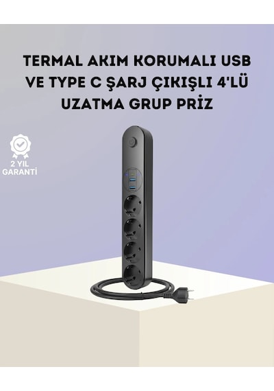 Akım Korumalı Çoklu Priz 4 Lü 2 Usb 1 Type-c 2500w Güçlü Tasarım Standart