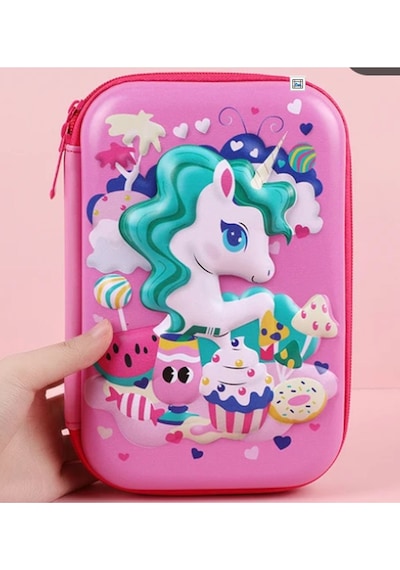 Unicorn Fuşya Pembe Cupcake 3d Dikdörtgen Büyük Kapasiteli Kız Çocuk Kalem Kutu Pembe