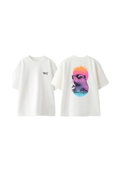 Thewert Capybara Colourful Tasarım Sırt Baskılı Pamuk Beyaz Oversize T-shirt