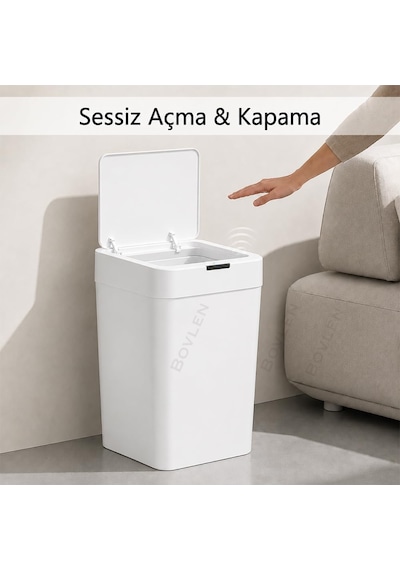 Ultra Mega Boy Otomatik Hareket Sensörlü Çöp Kovası, Çöp Kutusu Beyaz