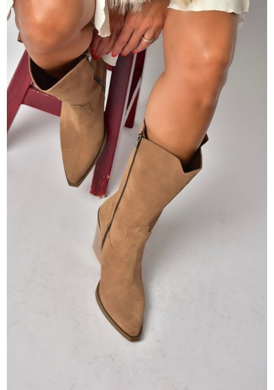 Fox Shoes Z654940161 Vizon Hakiki Deri Süet Kalın Topuklu Western Kadın Çizme