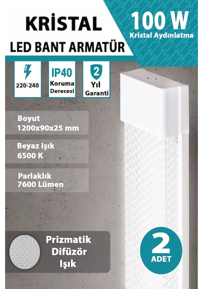100 W Kristal Led Bant Armatür 120 Cm Yüksek Işık 2 Adet Beyaz