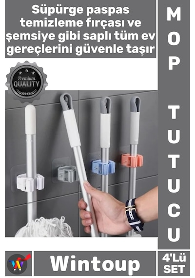 Askı Duvar Askısı Banyo Düzenleyici Süpürge Askısı Pratik Paspas Şık Yapışkanlı Mop Tutucu 4'lü Set Çok Renkli