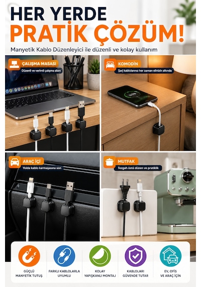 Manyetik Kablo Düzenleyici Kablo Tutucu 6'lı Set Yapışkanlı Kablo Sabitleyici Masa Kablo Düzeni