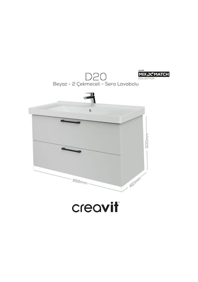 Creavit D20 100 Cm İki Çekmeceli Lavabo Dolabı Beyaz Melamin Kapak Demonte Beyaz