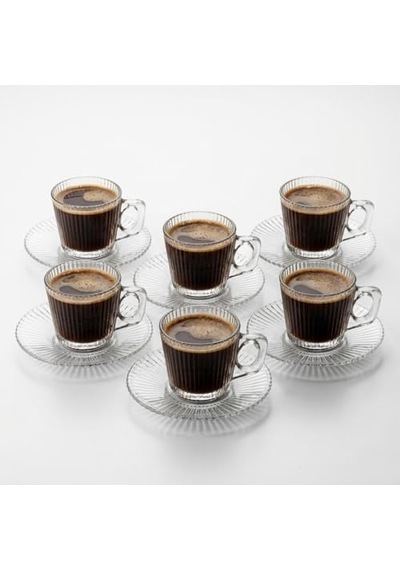Tr 6'li Cam Kahve Fincanı Seti Çizgili Desenli Şeffaf Fincan Ve Tabak Takımı 8 Cm Espresso Türk Kahvesi Sunum Seti Genel