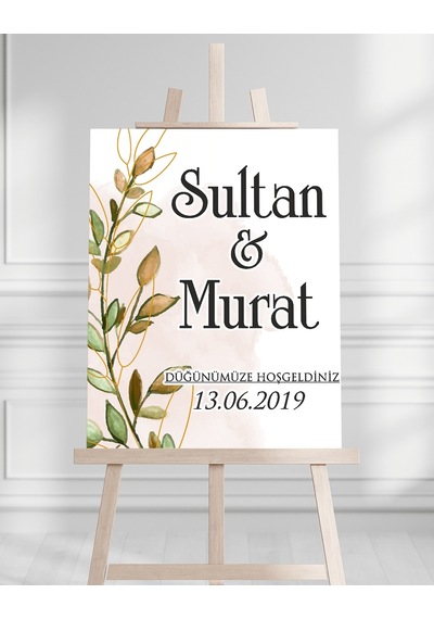 Söz Nişan Düğün İçin 50x70 Karşılama Panosu - Sonbahar Çiçek Ve Yaprak Tasarımlı Beyaz